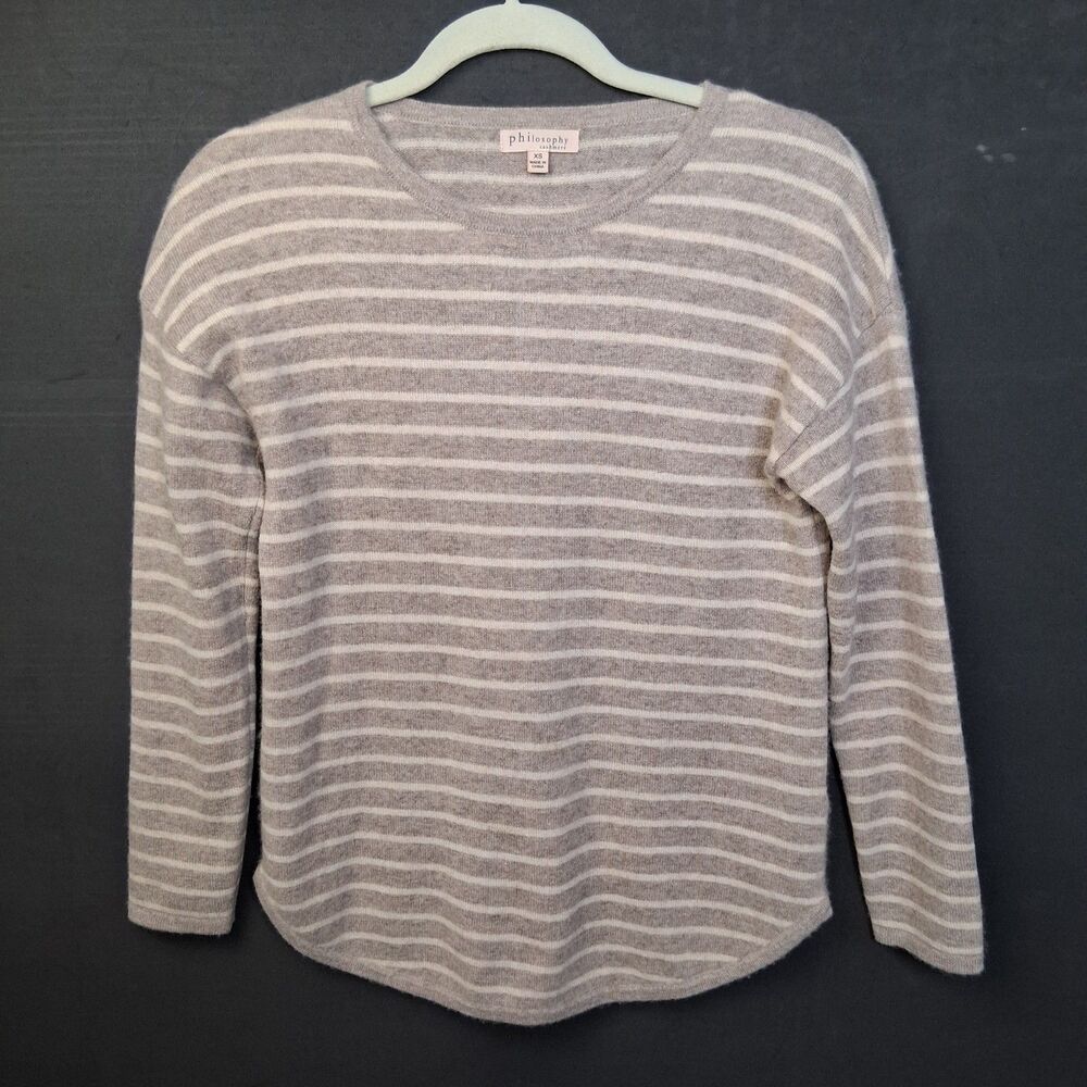 100% Cashmere Striped Philosophy Sweater Size XS Oatmeal Soft Luxury Knit - Picture 2 of 13